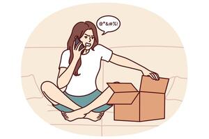 Woman with box and phone makes call to store support team complaining about damaged product vector