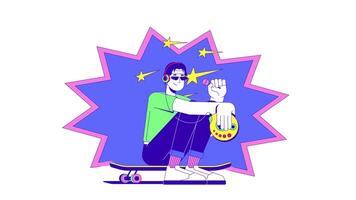 Headphones retro skater eating lollipop with CD player 2D animation. Stars falling, 90s music, y2k boy sitting on skateboard animated character cartoon flat concept metaphor 4K isolated on white video