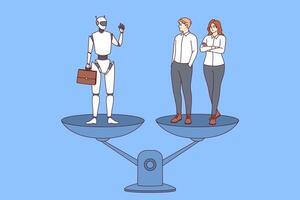 Robot and office workers stand on different scales, for concept of choosing between humans and AI vector