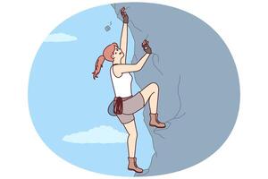 Woman climbs steep cliff to conquer difficult peak without insurance and set new record vector