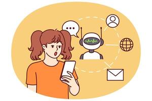 Teen girl with phone uses chatbot or robotic application with AI and surprised opens mouth vector