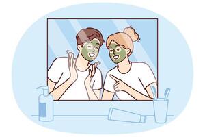 Cheerful couple with rejuvenating mask on faces look in mirror and laugh enjoying joint vacation vector