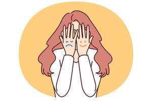 Faces with different moods are depicted on hands of woman hiding face for concept bipolar disorder vector