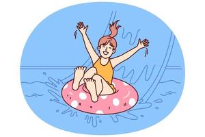 Little girl in pool floats on inflatable ring and enjoys visiting aqua park in sunny summer weather vector