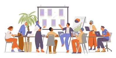 Diverse colleagues of different age, gender and ethnicity on a meeting in the office flat illustration isolated on white. Inclusive workplace concept. vector