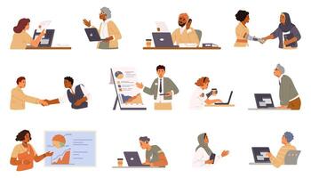 Different people working in the office flat illustrations set isolated on white. Men and women of different age, ethnicity, with disabilities at work. vector