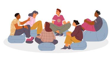 Woman crying during group therapy session flat illustration isolated on white. Diverse group of people sitting in a circle on the floor discussing their psychological problems. vector