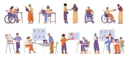 People of different races, age and gender, with disabilities working in the office flat illustrations set. Inclusive office concept. vector