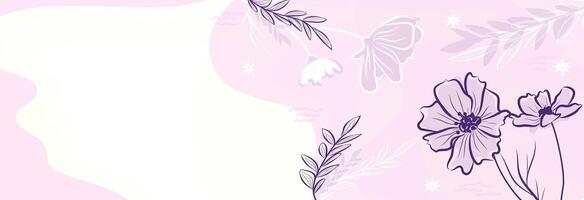 Elegant floral banner with pink flowers. Hand drawn botanical contour background for invitations, social media and web design. Pastel aesthetic with abstract organic shapes and gentle lines. vector