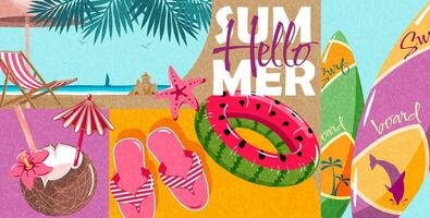 Banner template Hello Summer. Summer background with a surfing board, a beach, a cocktail in a coconut, a swimming circle with a watermelon. vector