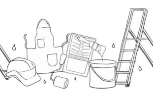 Black and white graphic line seamless border with set of painting, drawing equipment step ladder, roller, can color, apron, helmet. vector