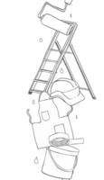 Black and white graphic line seamless vertical border with set of painting,drawing equipment step ladder, roller, can color, apron, helmet. Hand drawn Print for coloring pages or art classes decor. vector