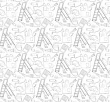 painter tools seamless pattern. graphic line Stroke, Paint can opener, color can, apron, bucket, can, Brush, Roller, Paint tray, Masking tape, Ladder, Step ladder vector