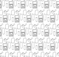 Seamless pattern paint roller, stroke, tray. graphic line instruments hand drawn doodle set, illustration, elements, stickers, icons. Isolated on white transparent background. vector
