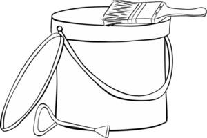 Graphic line composition paint can and brush with opener. illustration liquid color bucket container with paintbrush icon. vector