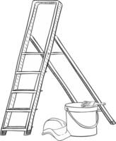 Graphic line composition of Ladder, can, bucket with color, brush and protective helmet. Room painter. Construction worker. line draw design graphic illustration vector