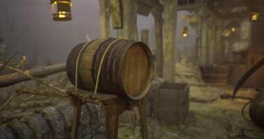 Rustic wooden barrel in abandoned workshop surrounded by dim lighting video