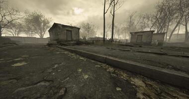 Abandoned village with desolate roads and eerie atmosphere in foggy weather video