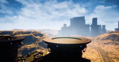 Scenic view of futuristic cityscape from elevated vantage point at sunrise video