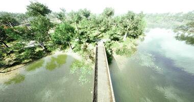 Scenic view of a bridge over calm water surrounded by lush greenery video