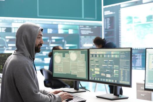 Governmental cyber defense group using advanced technology to steal and protect information, cyber operations in high tech monitoring room. Working on data protection and threat detection. photo