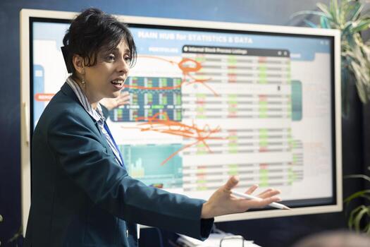 Project manager and staff members gathering in an overview meeting to devise approaches for strengthening corporate environment across various initiatives. Management plans and solutions. photo