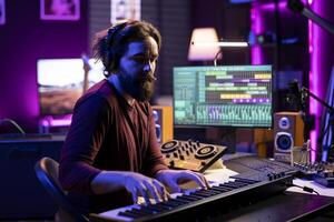 Skilled musician artist playing piano synthesizer notes for audio recording session, working in musical post production. Talented singer editing songs and adding sound effects in home studio. photo