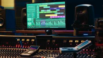 Empty control room professional studio used in music recording industry, mixing console and post production equipment. Soundproof space with daw software, faders and audio editing tools. photo