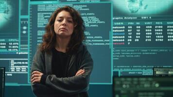 Cyber security expert in a national safety operations center detecting cyber attacks or threats. Governmental hacking team focusing on data protection, cyber operations in progress. Camera A. photo