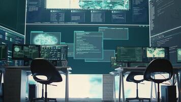 Empty governmental cyber security room with computers and software displays. Emphasis on network security, cyber defense, and intelligence gathering to prevent cyber attacks and espionage. Camera B. photo
