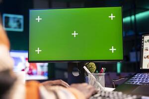 Trading engineer looking at e commerce diagrams and copy space on display, working from home to increase profit and obtain funding from shareholders. Expert evaluates statistics online. photo