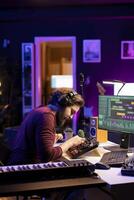 Music engineer using mixing console to add sound effects on tracks, working with daw software on computer for post production. Artist producing new tunes with amplifier and audio recordings. photo