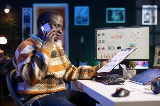 Entrepreneur calling financial expert at home to discuss about monthly funds balance, looking to increase profit with global investments. Person talking to advisor about capital resources. photo