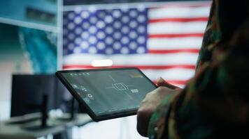US soldiers in a cyber control center engaging in cybersecurity operations, handles classified information and ensures security of state secrets and government data. Surveillance footage. Camera B. photo