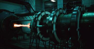 Rocket engine test showcasing powerful ignition in a test facility video
