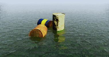 Discarded barrels floating in a calm body of water during daylight video