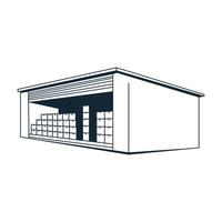 A warehouse with a roll up door and numerous stacked boxes inside vector