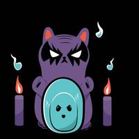 A black cat that looks cute and angry in the dark, with black background to celebrate,with ghost, black cat and witch hat. cartoon cute characters with scary smile and boo expression. vector