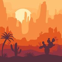 sunrise and sunset over a huge canyon in the desert, view of the mountains and desert plants shadows of palm trees and cacti from the setting sun vector