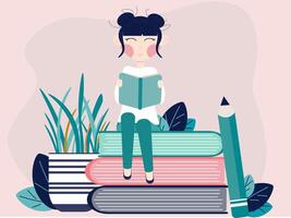a girl with two beautiful ponytails sits on books with large pencils lying nearby vector