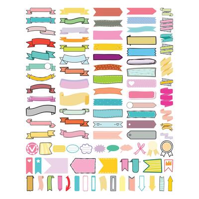 Ribbon Banner Color, Decorative Scroll. Colorful ribbon banners, handdrawn style, featuring pink, orange, purple, yellow, light blue ribbons. Banners text, doodle ribbons decorative messaging, scroll