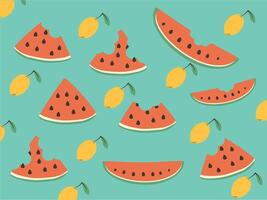 illustration with bright yellow lemons and slices of mounted red watermelon with seeds on a mint background vector