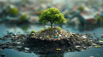 Tree on Island of Rubbish in Oily Water Depicting Pollution Crisis photo