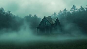 Abandoned House Surrounded by Misty Forest in Eerie Atmosphere photo