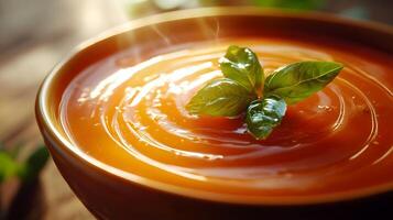 Fresh Basil Garnish on Steaming Bowl of Tomato Soup in Warm Lighting photo