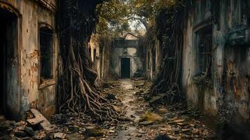 Abandoned Building Surrounded by Thick Roots and Overgrown Vegetation photo
