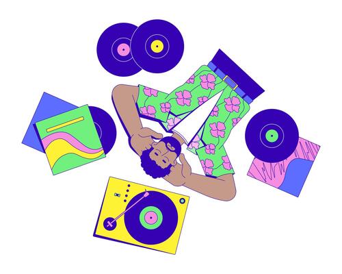 Retro black man listening to vinyl records on turntable cartoon flat illustration. 70s music culture. African american male audiophile 2D character isolated on white background. colorful image