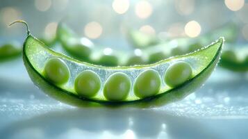 Fresh Green Peas in Pod with Dew on Light Background photo