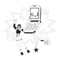 Retro flip phone and 2000s aesthetic black and white 2D illustration concept. Hi text messaging. Girl celebrating mobile with Y2K charms outline character isolated. Metaphor monochrome art vector