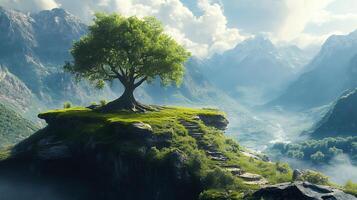 Majestic Tree on a Rocky Outcrop Overlooking Serene Valley and Mountains photo